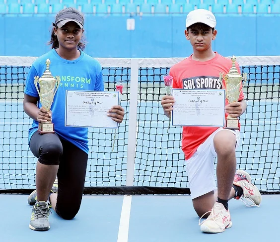 Aradhya, right, and Harshini at the Nichsolv U16 presentation, July 2022.